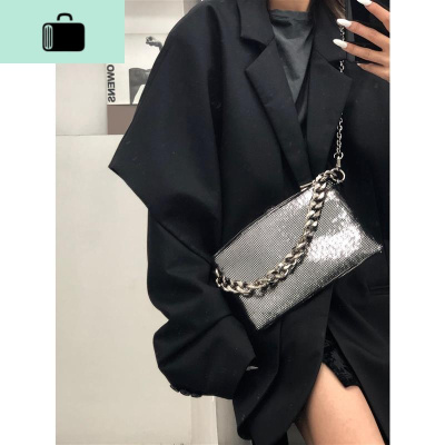 小包包2020新款ins时尚链条单肩斜挎包百搭闪闪亮片腋下包麻将包NEW LAKE 银色女士单肩包
