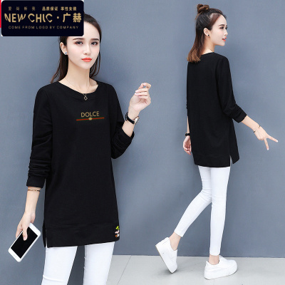 广赫中长款卫衣女长袖2021春秋韩版无帽宽松显瘦圆领百搭上衣打底衫薄卫衣