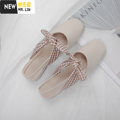 林先森粗跟包头凉鞋女2021年春季新款中跟百搭仙女风时装蝴蝶结单鞋子夏凉鞋