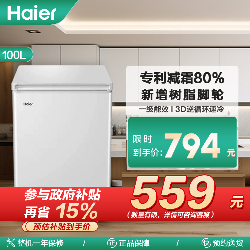 海尔(Haier)100升 家用卧式冰柜 冷柜 小冰箱 减霜80% 一级能效 断电保护 带脚轮BC/BD-100GHDT