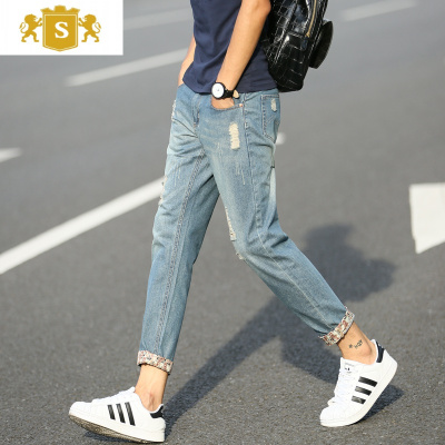 SUNTEK弹力男士九分牛仔裤夏季薄款潮牌修身韩版潮流破洞小脚裤百搭裤子牛仔裤