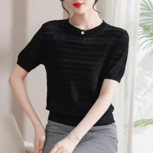 25夏季新款冰麻薄款透气拼接花型针织短袖女圆领显瘦百搭T恤上衣