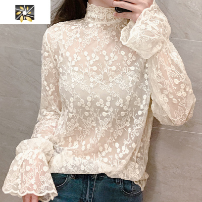 暖青汇洋气半高领蕾丝打底衫女秋冬内搭小衫配毛衣公主风喇叭袖网纱上衣蕾丝衫