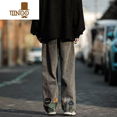 YANXU印花牛仔裤男款春季直筒宽松美式潮牌水洗裤子男欧美高街vibe男生