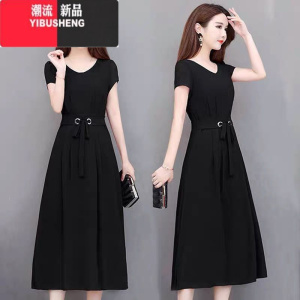 YIBUSHENG胖MM连衣裙女2023季新款气质韩版高腰遮肚子短袖纯色大码中长裙
