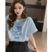 [2.5折价47.8元叠加优惠券]唐狮女圆领前胸色块图案短袖T恤百搭减龄学院风韩版气质时尚