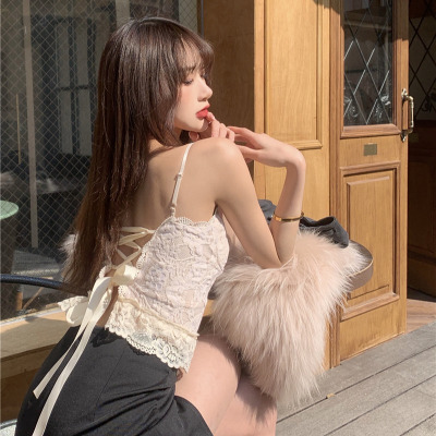 苏芈春季新款蕾丝短款黑色无袖外穿吊带内搭打底衫小背心上衣女士内衣