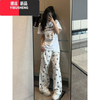 YIBUSHENG小狗爪印花白色裤子女季薄款宽松直筒休闲裤小个子遛弯裤阔腿裤