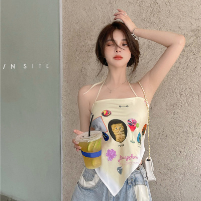 春夏短款无袖印花抹胸内搭吊带外穿挂脖性感打底衫小背心上衣女装杏色小猫咪均码