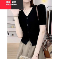 YIBUSHENG小香风短袖冰丝针织开衫女季黑色v领修身短款T恤上衣薄2024新款