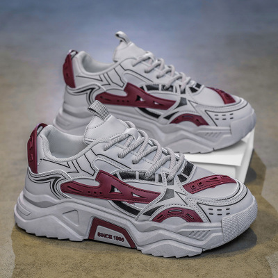 男士秋冬季新款拼接潮流圆头百搭透气系带厚底运动休闲舒适懒人鞋