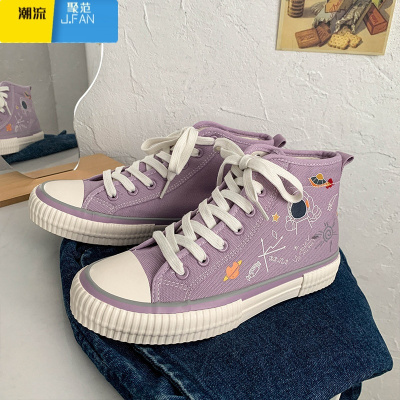 聚范宇航员涂鸦手绘高帮帆布鞋女夏季薄款2021年新款复古港味ins布鞋