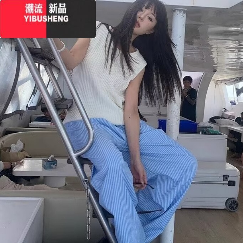 YIBUSHENG蓝色竖条纹垂感直筒休闲裤女春宽松阔腿拖地韩系长裤显瘦慵懒风