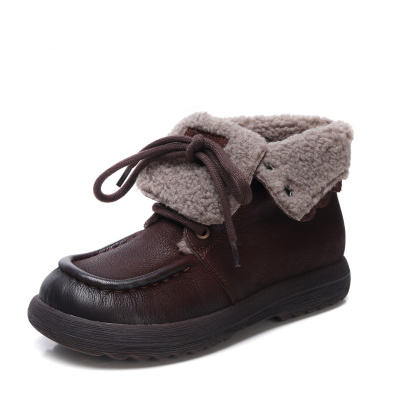头层牛皮女雪地靴冬季新款保暖百搭防滑羊羔毛两穿复古短靴