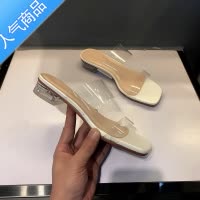 SUNTEK透明凉鞋女平底2023年新款夏季百搭仙女风时装水晶中跟粗跟凉拖鞋