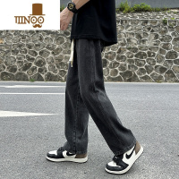 YANXU黑灰色复古牛仔裤男款夏季抽绳宽松直筒美式高街男生薄款阔腿裤子