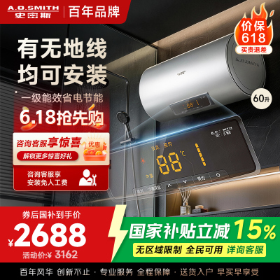 AO史密斯60升电热水器 无地线可安装 专利安全隔电 金圭内胆 速热节能 一键中温保温SCE-60DX2 预约洗浴