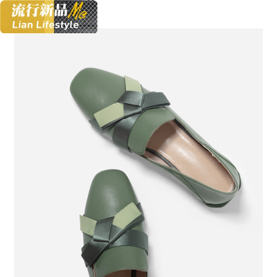 秋款真皮单鞋女平底方头懒人鞋一脚蹬蝴蝶结2019新款网红乐福鞋知义(ZHIYI)休闲鞋