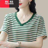 YIBUSHENG条纹V领短袖T恤女2024装新款大码宽松中年妈妈半袖上衣服