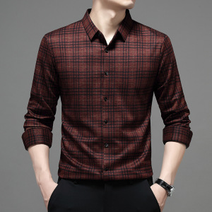 长袖衬衫春秋季开衫中年爸爸装商务休闲免烫格子衬衣服男