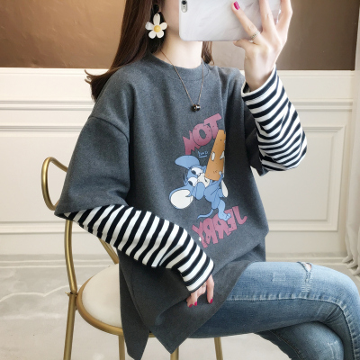 嘉叶希2021ins长袖T恤女春秋韩版宽松百搭中长款假两件条纹开叉早春上衣服潮