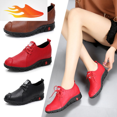 FISHBASKET女士红色皮鞋系带软底单鞋秋冬季百搭坡跟内增高中年女鞋子工作鞋