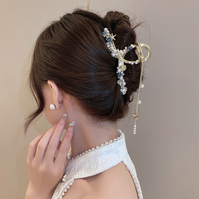 新中式古风珍珠流苏抓夹女后脑勺盘发轻奢小众设计鲨鱼夹发夹头饰送女朋友老婆情人节七夕生日礼物