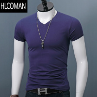HLCOMAN夏季v领短袖t恤男士纯色修身简约大码半袖打底青年百搭上衣服