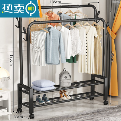 敬平简易晾衣架落地卧室家用阳台挂衣架室内折叠收纳衣帽凉晒衣服杆子 推荐⭐135-双杆-黑+衣帽钩+双置物网配轮子 中