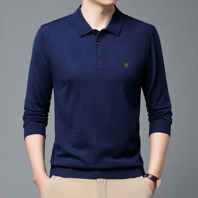 秋季新款纯色长袖T恤商务休闲翻领长袖薄款透气针织衫轻奢男_506