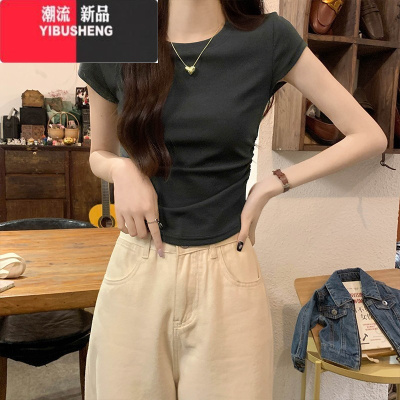 YIBUSHENG短袖t恤女2024新款季薄设计感小众正肩显瘦圆领V领上衣