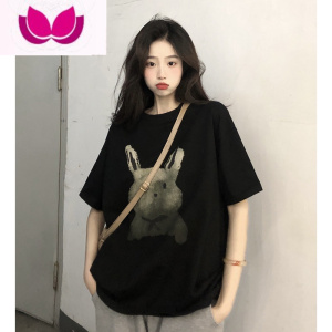 七斓短袖T恤女夏季2023新款复古扎染印花宽松BF风黑色圆领上衣ins