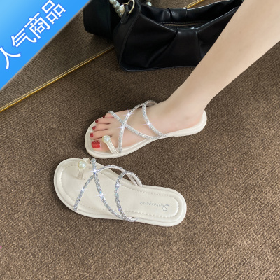 SUNTEK水钻凉拖鞋女夏外穿时尚2023新款高级感套趾沙滩凉鞋休闲一字拖鞋