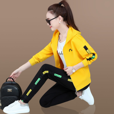 品牌女装运动套装女春秋2020新款学生修身显瘦宽松韩版时尚学院风休闲连帽长袖运动服女春秋锻炼跑步卫衣外套三件套