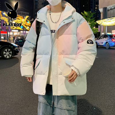 花花公子新款渐变棉衣男冬季港风潮流保暖加厚棉服男士连帽外套