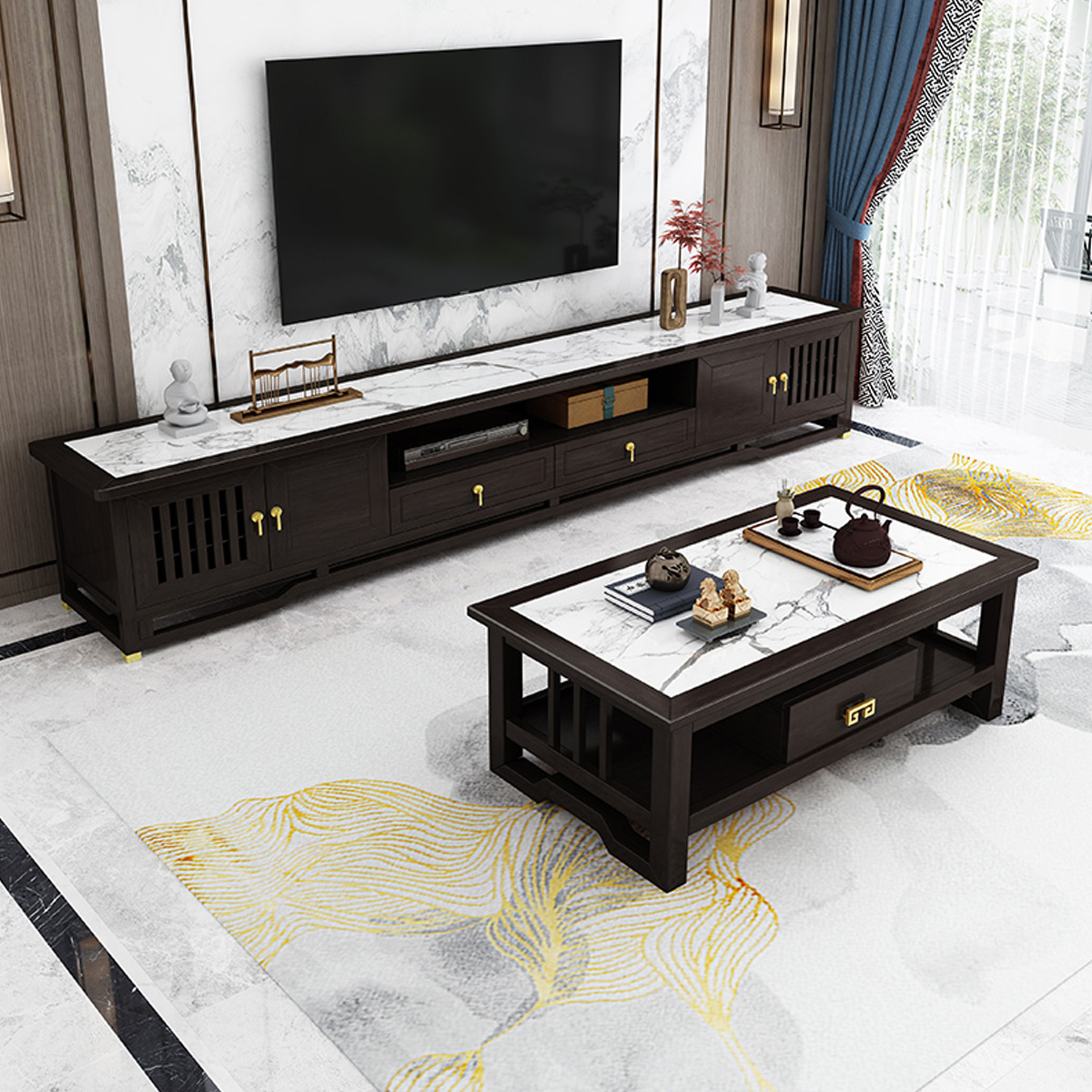 月影梳桐新中式电视柜实木岩板客厅家具2.2米加长落地储物柜子带抽屉