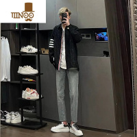 YANXU直筒阔腿牛仔裤潮牌男宽松毛边浅色垂感百搭复古九分裤子美式高街