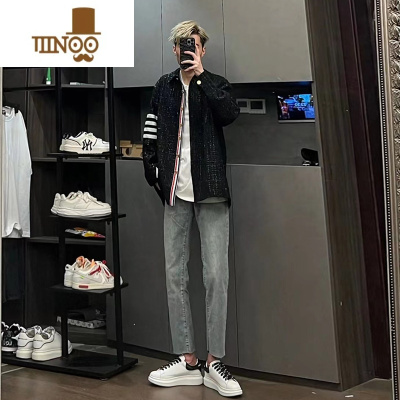 YANXU直筒阔腿牛仔裤潮牌男宽松毛边浅色垂感百搭复古九分裤子美式高街