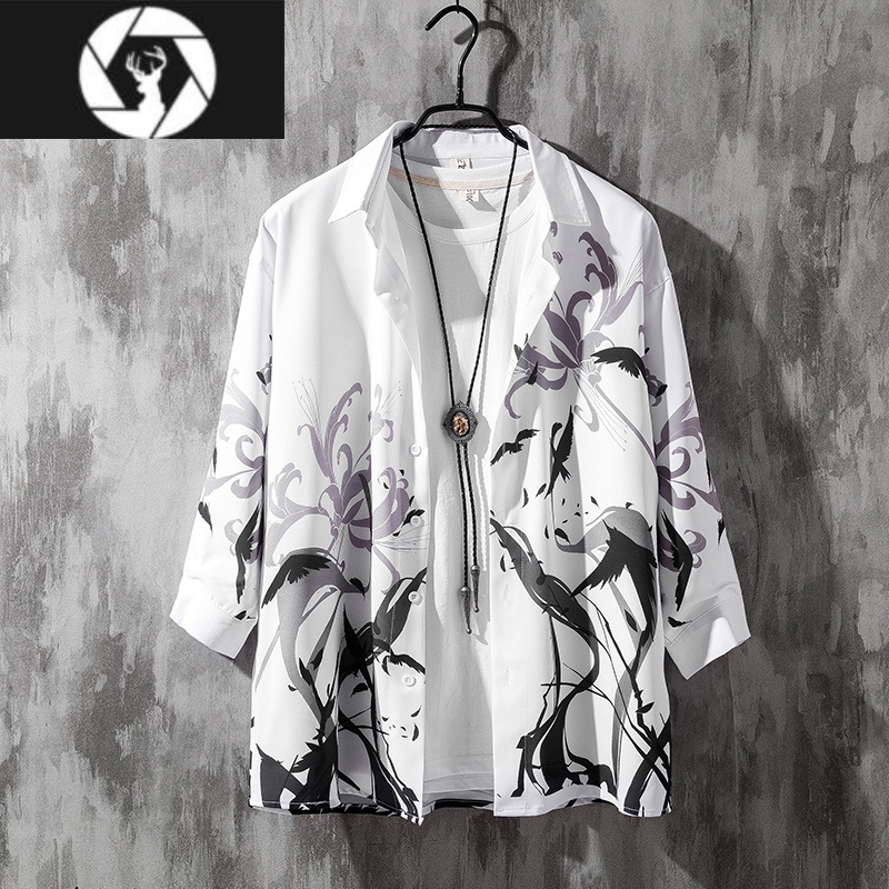 hongzun夏季七分袖花衬衫男短袖宽松古风长袖衬衣服外套男装大码胖子