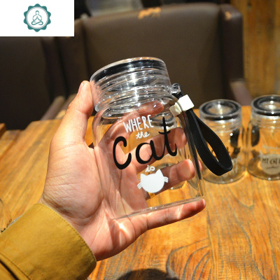 韩版便携创意男女玻璃杯学生卡通迷你猫咪可爱带提绳随手茶水杯子封后黑盖CAT小白猫