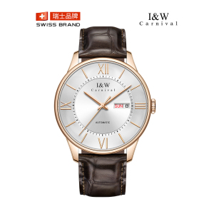 瑞士爱沃驰I&W CARNIVAL镂空全自动机械表 男士手表进口机芯男表纤薄真皮防水双日历腕表蓝宝石镜面8515G