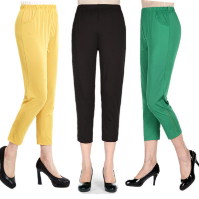 中老年女裤春夏新款九分8分冰丝外穿打底裤妈妈弹力小脚裤大码薄