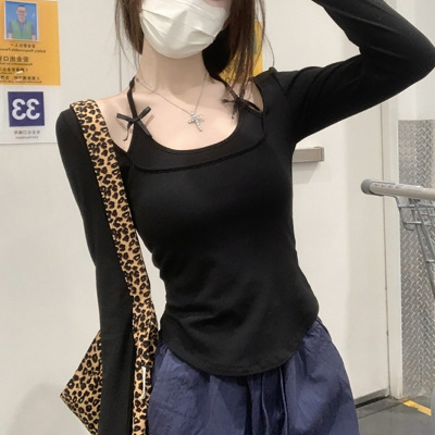 粉色挂脖假两件长袖T恤女春秋季新款内搭辣妹蝴蝶结打底衫上衣潮