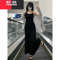 YIBUSHENG大码赫本风吊带连衣裙女季胖MM收腰黑色a字裙子外搭防晒衫套装