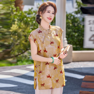 中长款妈妈装小衫夏季轻薄款女士休闲上衣40-60岁印花款中式女装