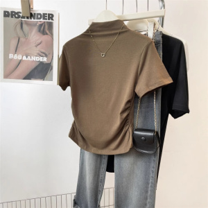 夏季新款半高领收腰短袖T恤女简约褶皱设计感修身短款上衣潮