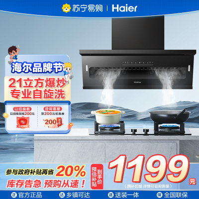 海尔(Haier)抽油烟机 超薄平嵌 顶侧双吸 24立方大吸力 450pa免拆机热熔洗自清洁「51单烟机」大嘴系列