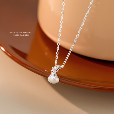 s999纯银转运小幅袋项链女国风拉丝轻奢设计感足银精致韩版锁骨链送女朋友老婆情人节七夕生日礼物