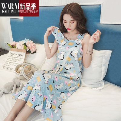 睡衣女夏季韩版薄款短袖棉可爱家居服吊带睡裙甜美性感长裙恐龙SHANCHAO