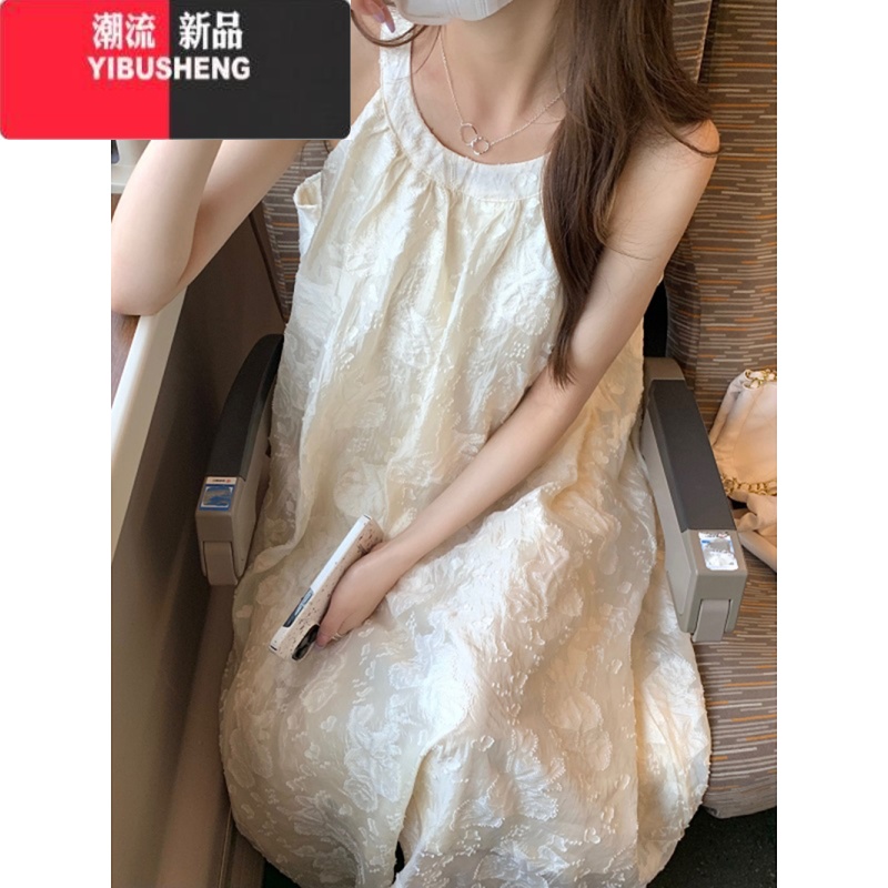YIBUSHENG无袖挂脖连衣裙女春2024新款大码胖mm减龄雪纺蕾丝钩花露肩裙子